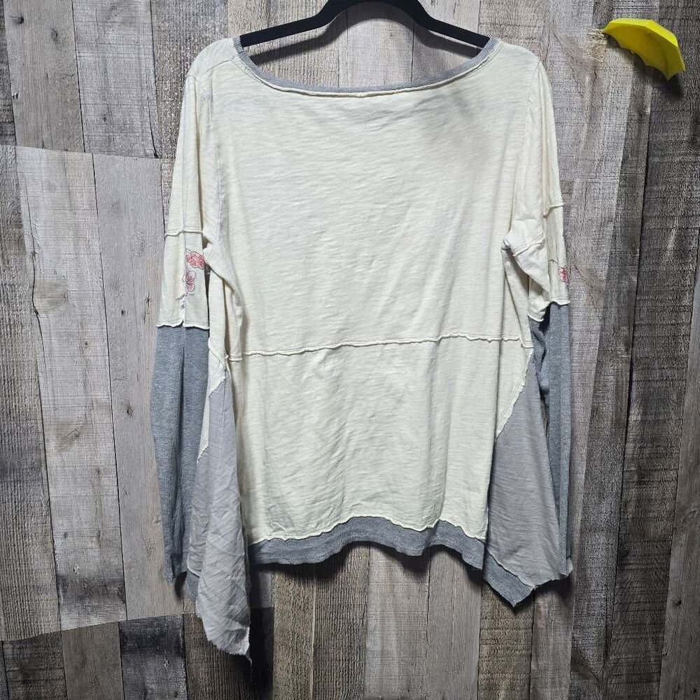Sundance Mixed Media Floral Embroidered Cream Grey Tee Large Boho Comfy Casual - Picture 3 of 6